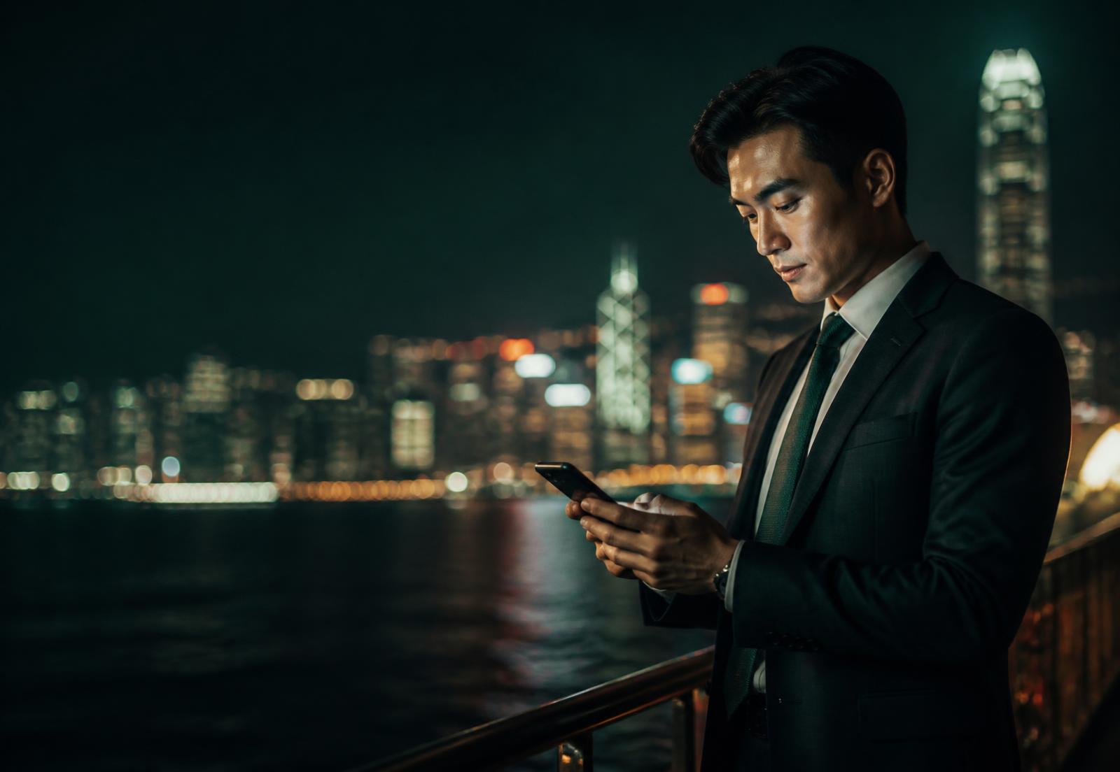 香港專業人士於維港夜景前使用手機申請匯鑫財務網上貸款